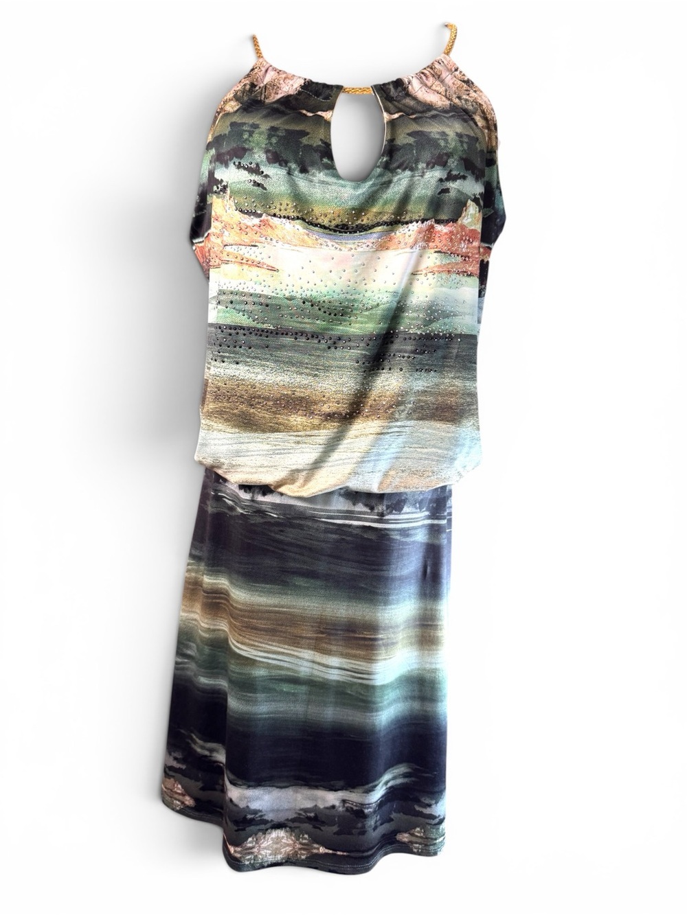 S-Twelve Abstract Landscape Blouson Rhinestone Keyhole Mini Dress L USA